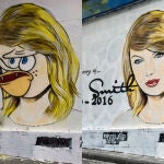 La versión alterada y la original del mural en memoria a Taylor Swift (c) Instagram