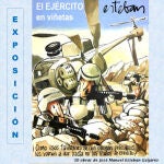 Cartel de la exposición en la que destaca una viñeta en que dos soldados charlan durante una misión