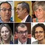 Fotografías de archivo de los consejeros nuevos y salientes del Govern catalán: Jordi Turull (arriba-i), asume la consejería de Presidencia de la Generalitat en sustitución de Neus Munté (abajo-i), Joaquim Forn (arriba-c) asume la consejería de Interior en sustitución de Jordi Jané (abajo-c); y Clara Ponsatí (arriba-d) ocupará el cargo de Meritxell Ruiz (abajo-d) en Enseñanza