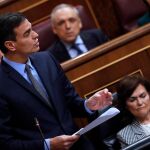 El presidente del Gobierno, Pedro Sánchez, durante su intervención en la última sesión de control al Ejecutivo del año que celebra hoy el Congreso