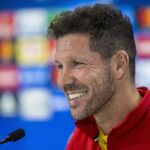 El entrenador del Atlético de Madrid, el argentino Diego Simeone, en la víspera del partido de Liga de Campeones que les enfrenta al Chelsea