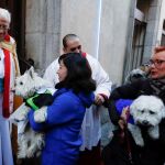 El Padre Ángel, párroco de la iglesia madrileña de San Antón, bendice a las mascotas que hoy han acudido con sus dueños