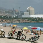 Unos bañistas frente a la central nuclear de Vandellós