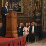 El Rey Felipe VI durante su intervención ante la sesión conjunta extraordinaria de las dos Cámaras del Parlamento británico celebrada en la Royal Gallery del Palacio de Westminster