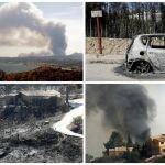 Arriba a la izquierda, columna del humo causada por el incendio. a la derecha y abajo a la izquierda, daños en vehículos y edificios. Abajo a la derecha, labores de extinción desde el aire.