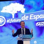El candidato a la Presidencia del PP, Pablo Casado, durante su intervención hoy en el XIX Congreso del partido