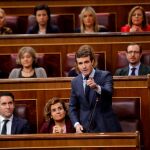 El presidente del Partido Popular Pablo Casado, formula una pregunta durante la sesión de control en el Congreso de los Diputados. Foto: Efe / Juan Carlos Hidalgo