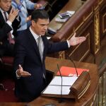 El secretario general del PSOE, Pedro Sánchez, durante su defensa de la moción de censura a Rajoy / Efe
