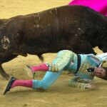 Galván, con evidente gesto de dolor, mientras cuelga del pitón derecho del astado de Algarra
