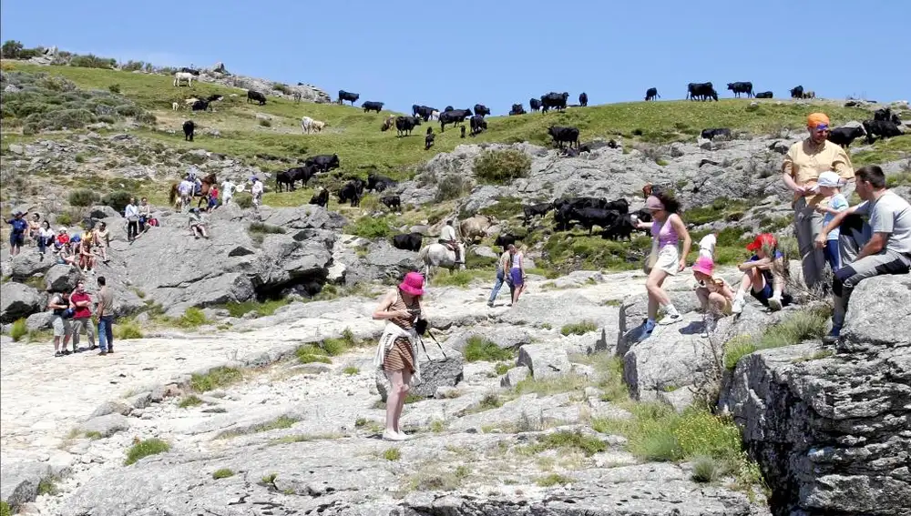 Numerosos turistas visitando el Puerto del Pico, en la provincia abulense