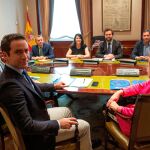 El secretario general del PP, Teodoro García Egea, el vicesecretario de Organización, Javier Maroto, y la presidenta del PP de la Comunidad de Navarra, Ana Beltrán, durante la reunión con los representantes de VOX Iván Espinosa de los Monteros y Pedro Fernández (d)/Efe