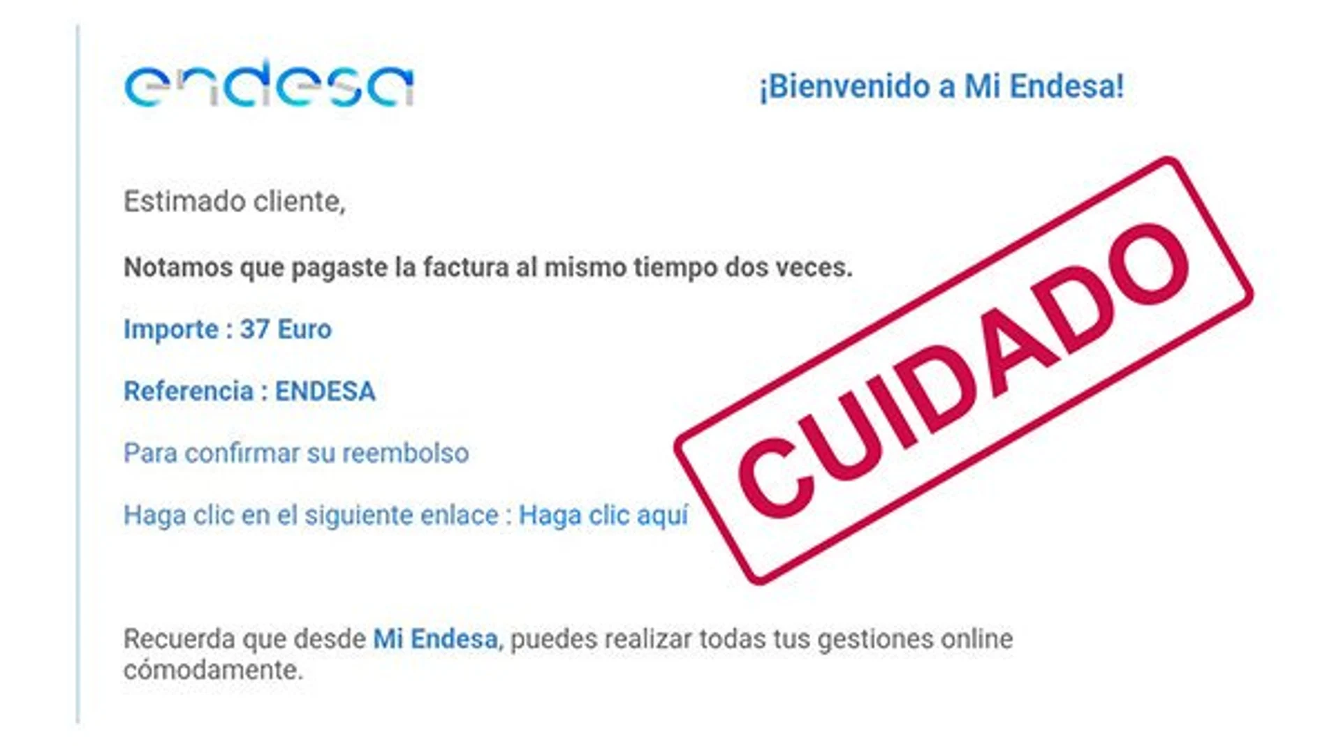 Endesa alerta de una estafa en la que suplantan la identidad de la empresa y envían avisos de reembolso de una factura para obtener datos personales