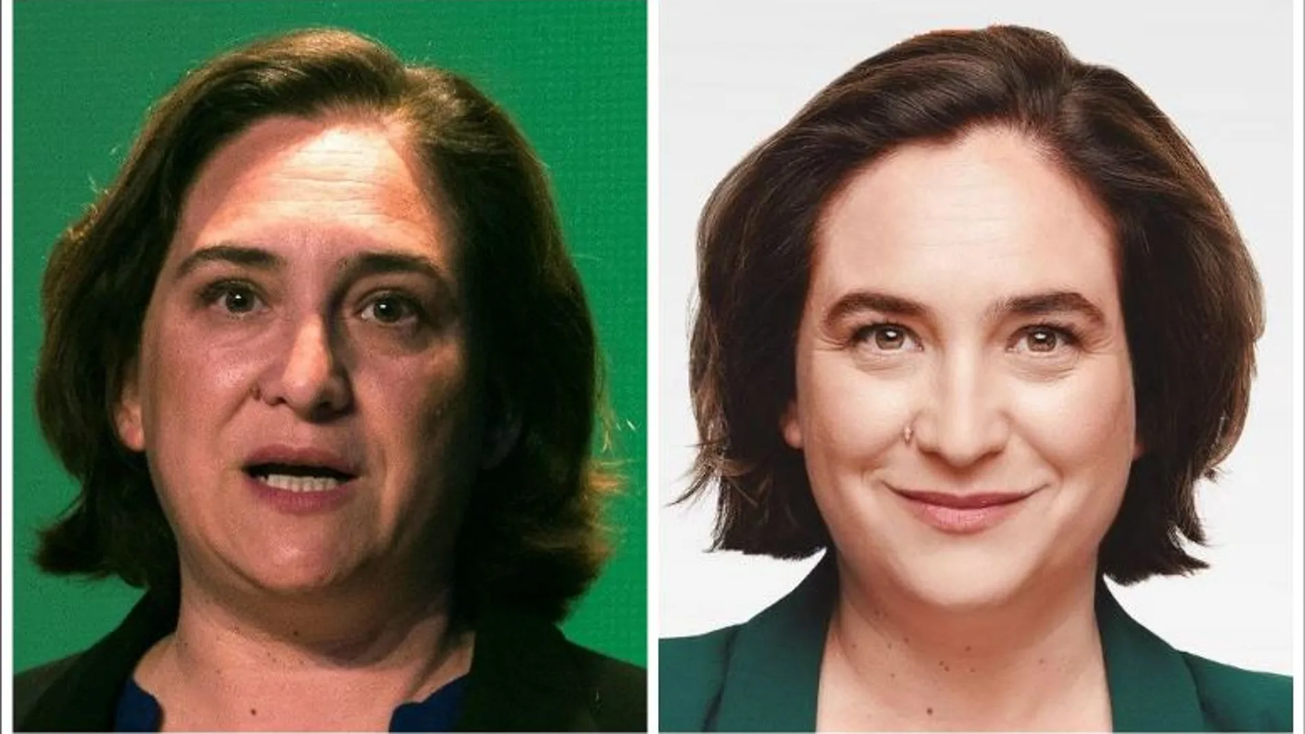 A la izquierda, una imagen actual de Ada Colau. A la derecha, el cartel electoral de las municipales.
