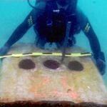 Un guardia civil mide uno de los bloques arrojados al fondo del mar por las autoridades del Peñón