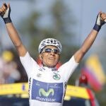 TDF1406. Annecy-semnoz (France), 20/07/2013.- Movistar procycling team rider Nairo Quintana of Colombia celebrates after winning the 20th stage of the 100th edition of the Tour de France 2013 cycling race between Annecy and Annecy-Semnoz, France, 20 July 2013. EFE/EPA/YOAN VALAT