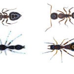¿Sabrías diferenciar las arañas de las hormigas? Las crías de araña (abajo a la izquierda) se parecen mucho a una pequeña hormiga llamada Crematogaster (arriba a la izquierda), mientras que las arañas adultas de S. formica (abajo a la derecha) imitaban a una especie más grande llamada Camponotus (arriba a la derecha). / Alexis Dodson