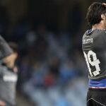 Los jugadores del RCD Espanyol tras el segundo gol de la Real Sociedad.