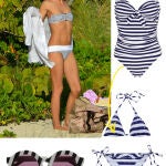 Bañador con sujetador de aros y detalle de lazo, De Marks & Spencer, 40,95€ / Bikini de triángulos y con volantes y adornos de estrellas doradas, de Liu Jo, 38€ / Originales gafas de sol, de House of Holland,214€.