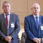 GRA056. SAN FERNANDO DE HENARES (MADRID), 19/05/2014.- Ricardo Pages, Juan Caellas, Manuel Trouano y Santiago José Abella (i-d), cuatro exdirectivos de Caixa Penedès, han comenzado a ser juzgados hoy por la Audiencia Nacional por haberse adjudicado supuestamente pensiones millonarias mediante pólizas que contrataron sin conocimiento de los órganos de administración y control de la entidad, hechos por los que Fiscalía Anticorrupción pide entre tres y tres años y medio de prisión. EFE/Chema Moya ***POOL***