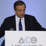El primer ministro griego, Antonis Samaras, habla hoy en Tesalónica.