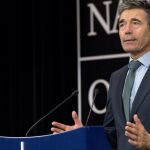 El secretario general de la OTAN, Anders Fogh Rasmussen, durante la reunión mantenida hoy en Bruselas.