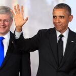 De izquierda a derecha, Stephen Harper, primer ministro de Canadá, Barack Obama, presidente de Estados Unidos y el presidente del Consejo Europeo Herman Van Rompuy.