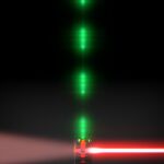 Representación de un sistema en el que se encierra un átomo entre dos espejos que confinan la luz. Al ser excitado con un láser, el sistema emite la luz a través de un número dado de fotones que puede fijarse a voluntad
