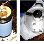 Combo de fotografías facilitadas por el Ministerio del Interior del material encontrado en el interior de un zulo localizado por la Guardia Civil en la localidad coruñesa de O Predouzo. Dentro del zulo, se han hallado dos bolsas de plástico que contenían tres artefactos explosivos, dos termos y una olla, preparados para ser utilizados en acciones similares a las del Ayuntamiento de Baralla (Lugo)