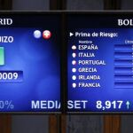 Monitor en la bolsa de Madrid que muestra, entre otras, la prima de riesgo de España.