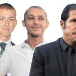 De izda. a dcha., Guti, Valentino Rossi y Diego Simeone aguardan su turno para rodar con «el brazo tonto de la ley»
