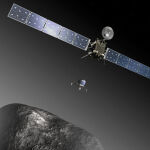Representación artística de la nave Rosetta y su módulo de aterrizaje Philae llegando al cometa
