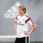 Coentrao, en el entrenamiento de ayer del Madrid