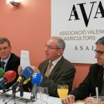 El presidente de la Asociación Valenciana de Agricultores (AVA-Asaja), Cristóbal Aguado, en el centro, ayer durante la presentación del balance del año agrario