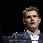 El presidente de Ciudadanos, Albert Rivera, durante su intervención en la convención municipal que celebra hoy el partido en Madrid