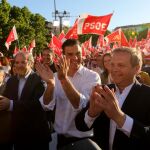 El líder del PSOE, Pedro Sánchez, el candidato del PSOE a la presidencia de la Comunidad de Madrid, Ángel Gabilondo, y el candidato a la alcaldía de la capital, Antonio Miguel Carmona