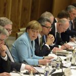 La canciller alemana, Angela Merkel durante su reunión con el primer ministro nipón, Shinzo Abe