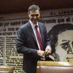 El líder del PSOE, Pedro Sánchez, durante la presentación de su propuesta para un nuevo Estatuto de los Trabajadores