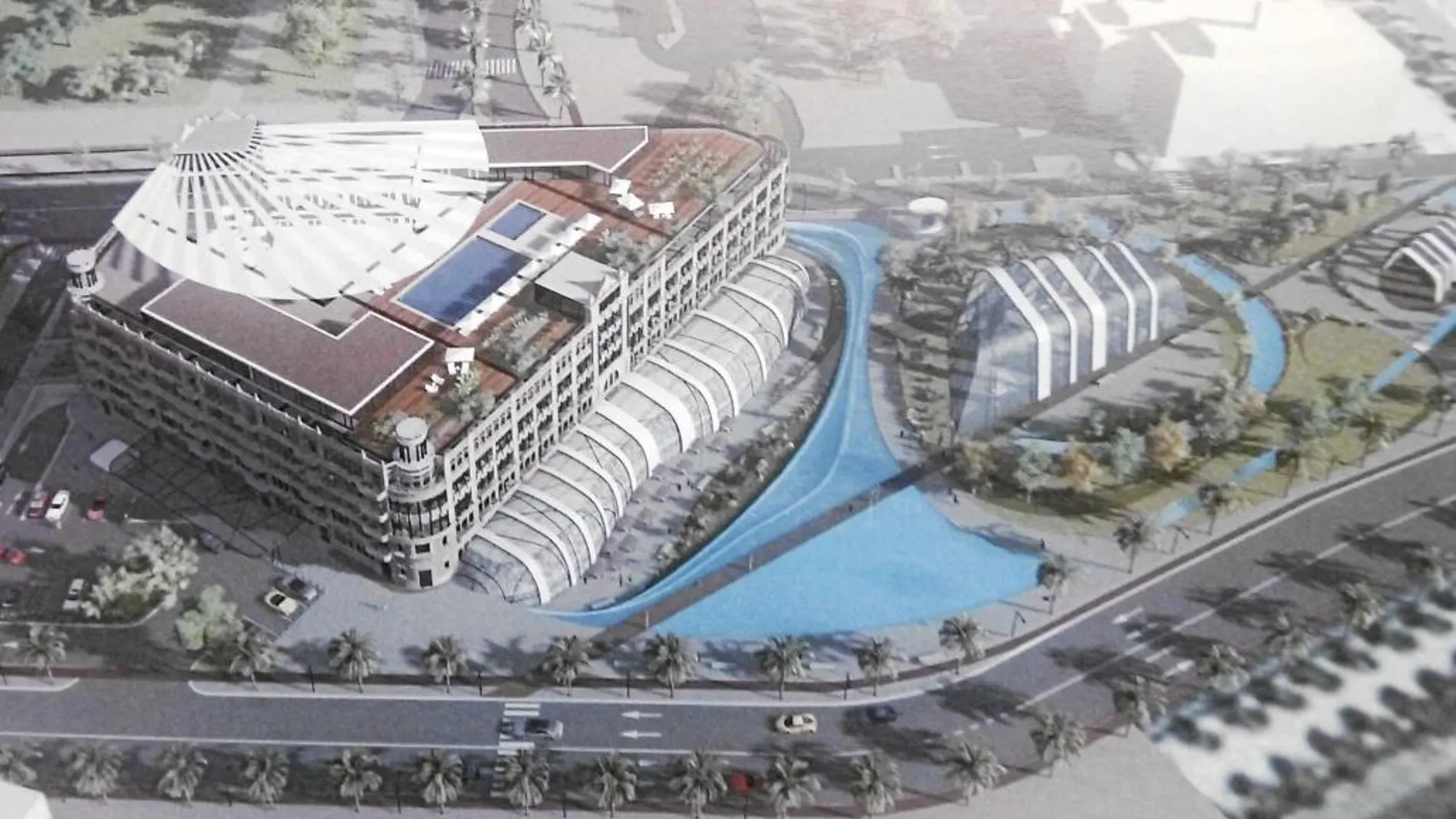 Una figuración de cómo quedará el «Docks Resort», abajo, una imagen actual
