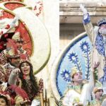 El rey Gaspar, encarnado por Cayetano Martínez de Irujo; Melchor, Emilio Santiago del Pino; y Baltasar, representado por Domingo Pérez, en la salida desde el Rectorado