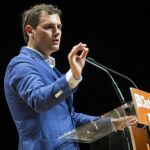 El presidente de Ciudadanos, Albert Rivera, durante su intervención en un mitin de su partido celebrado en el Palacio de Congresos de Valencia