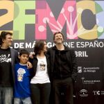 El director de cine, David Planell (i) acompañado por los protagonistas de su película, Brandon Lastra (2i), Natalia Mateo (2d) y Alberto San Juan