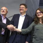 Los candidatos a la Presidencia de la Generalitat del PSPV, Ximo Puig (centro); Compromís, Mónica Oltra; y Podemos, Antonio Montiel.