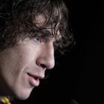 Carles Puyol, autor del gol que dió ayer la victoria a España, durante la rueda de prensa que freció tras entrenamiento que los jugadores españoles realizaron en Potchefstroom