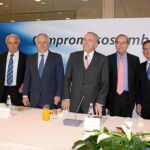 En la foto, Jordi Nicolau, Manuel Romera, Juan María Nin, Isidro Fainé, Jaume Lanasapa y Jaume Giró