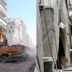 Imagen de archivo del derribo del edificio de San Mateo en la ciudad de Lorca. A la derecha, uno damnificado por los terremotos que aún se encuentra en el campamento de La Torrecilla