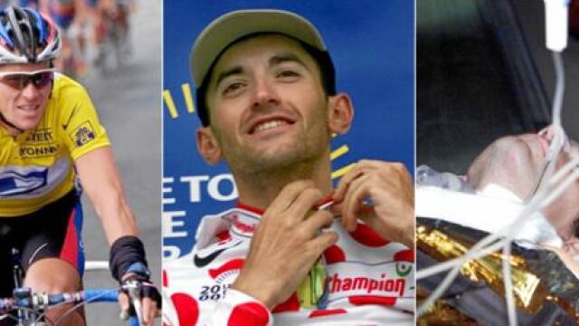 Javier Otxoa, al lado de Armstrong y con el maillot de la montaña (2010). El 15 de febrero de 2001 fue atropellado.