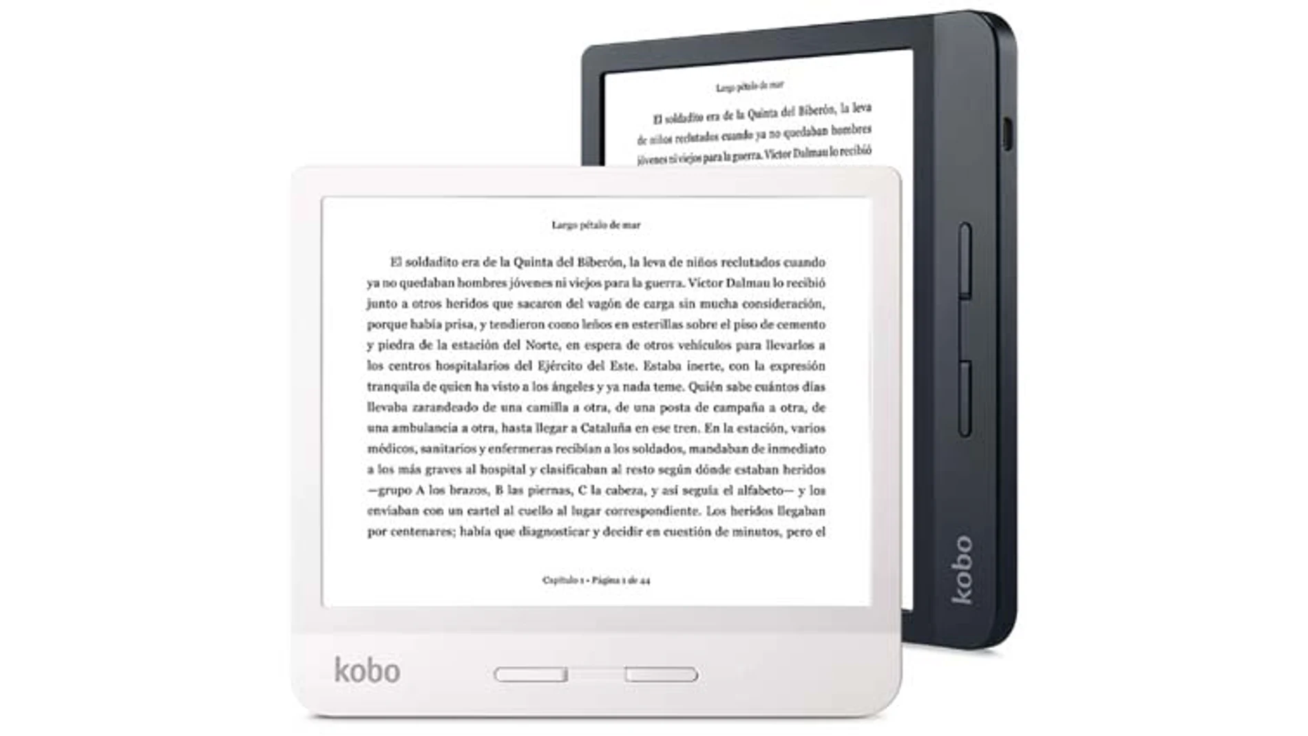 El eReader Kobo Libra H2O se puede utilizar en formato horizontal y vertical, con botones laterales para avanzar y retroceder las páginas.