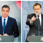 Sánchez, durante la comparecencia del martes en Moncloa y Rajoy en Moncloa en 2016 cuando declinó el encargo del Rey / Luis Díaz