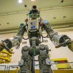 In this photo taken on Friday, July 26, 2019, and distributed by Roscosmos Space Agency Press Service, the Fedor robot is seen before being loaded into a Soyuz capsule to be launched by a new Soyuz 2.1a rocket from the launch pad at Russiaâ€™s space facility in Baikonur, Kazakhstan. The new Russian rocket, that is expected to replace the current model sending manned missions into space, blasted off Thursday, carrying a Soyuz capsule with a humanoid robot that will be tested in spaceflight conditions aboard the International Space Station (ISS). (Roscosmos Space Agency Press Service photo via AP)