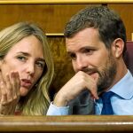 El presidente del PP Pablo Casado, junto a la portavoz parlamentaria Cayetana Álvarez de Toledo en el Congreso de los Diputados. Foto: Alberto R. Roldán